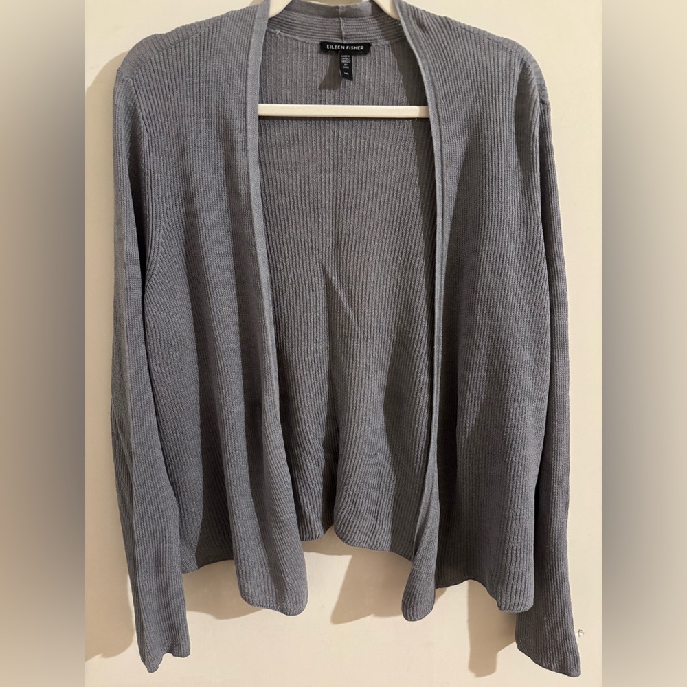 Eileen Fisher Gray Ribbed Organic Linen & Cotton Open-Front Cardigan - Large